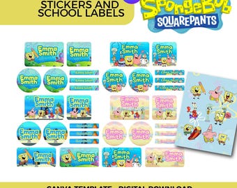 SpongeBob School Labels Canva Template | Editable Kids Stickers (Digital Download)