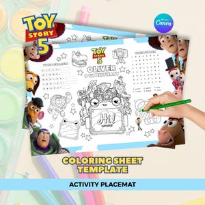 May include: A Toy Story 5 themed activity placemat coloring sheet featuring the text Oliver 8th Birthday, word scramble, word search, and various character outlines. The sheet includes illustrations of Buzz Lightyear, Woody, and other characters.