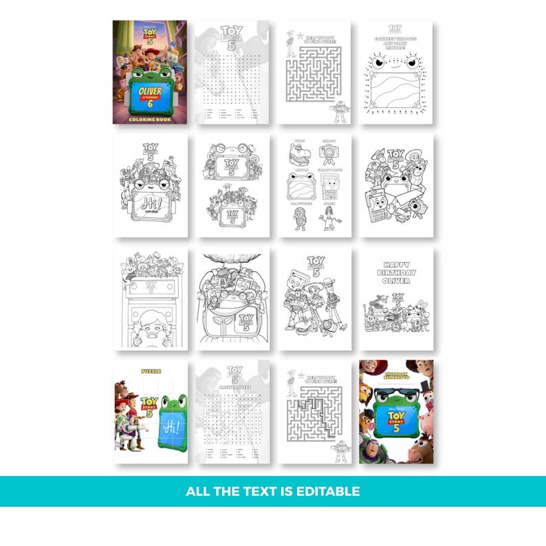Pu&ograve; includere: Una raccolta di pagine da colorare stampabili a tema Toy Story 5, inclusi labirinti, unisci i puntini e illustrazioni di personaggi. Le pagine mostrano vari disegni al tratto in bianco e nero, alcuni con il testo Oliver 6, Hi e Happy Birthday Oliver. Tutto il testo &egrave; modificabile.