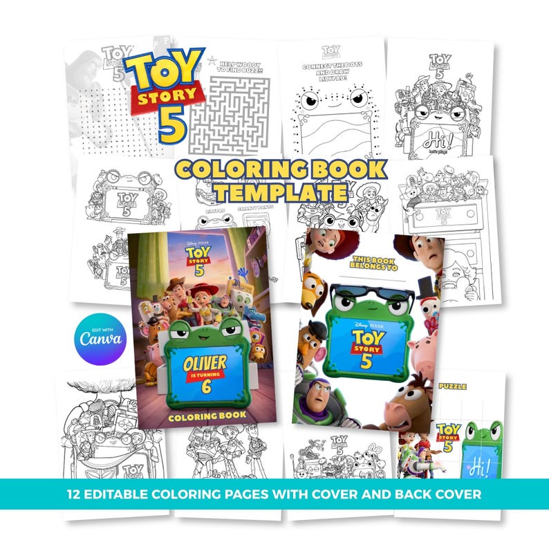 Pu&ograve; includere: Un modello di libro da colorare Toy Story 5 con 12 pagine modificabili, inclusa la copertina e il retro. La raccolta include disegni al tratto in bianco e nero, labirinti e attivit&agrave; di unisci i puntini, oltre a due copertine a colori.