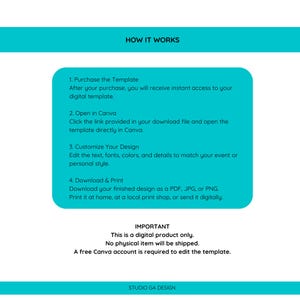 Pu&ograve; includere: Un grafico di istruzioni digitale con sfondo verde acqua e testo nero intitolato HOW IT WORKS. Descrive quattro passaggi: acquistare il modello, aprire in Canva, personalizzare il design, scaricare e stampare. Prodotto digitale.