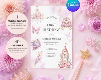 Toile de princesse pour le premier anniversaire de mariage | Invitation conte de fées aquarelle (téléchargement numérique)