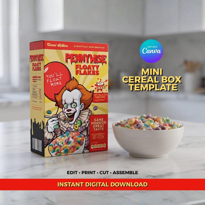Mini Cereal Box Template Spooky Clown | Edit With Canva | Halloween ...