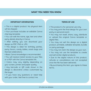 May include: A digital information sheet with a light blue background featuring two columns titled WHAT YOU NEED TO KNOW, IMPORTANT INFORMATION, and TERMS OF USE. The text outlines instructions for an editable Canva chip bag template.