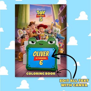 Pu&ograve; includere: Una copertina di un libro da colorare a tema Toy Story 5 con personaggi animati tra cui Woody, Jessie e Buzz Lightyear. Al centro &egrave; presente una cornice verde a forma di rana con il testo Oliver is turning 6 e Coloring Book sotto.