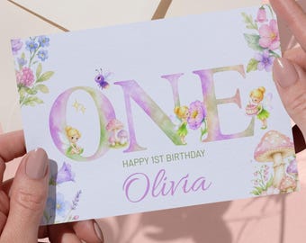 Modèle d'invitation d'anniversaire Fairy Garden ONE | Invitation 1er anniversaire à l'aquarelle (7 x 5 pouces)