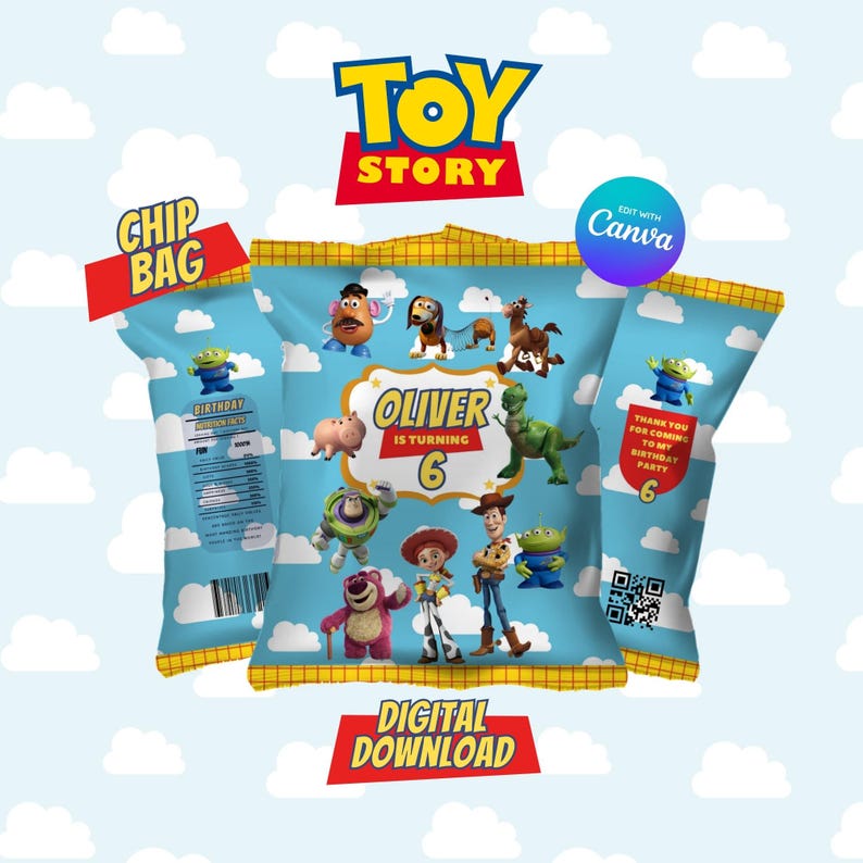 May include: A set of three Toy Story themed chip bag wrappers featuring a light blue background with white clouds. The central design displays characters including Woody, Buzz Lightyear, Jessie, and Rex with text reading Oliver is turning 6.