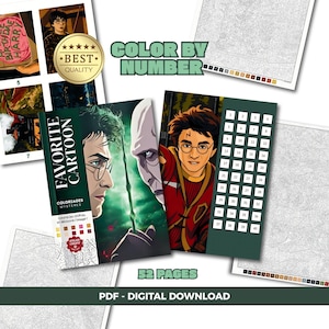 May include: A digital color by number activity book featuring 52 pages of illustrations inspired by Harry Potter. The cover displays the text Favorite Cartoon, Coloriages Mysteres, and 52 Pages, with images of Harry Potter and Voldemort.