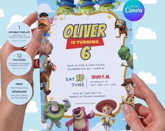 Faire-part d'anniversaire Toy Story | Modèle de fête d'enfants (téléchargement numérique) + 12 images clipart PNG