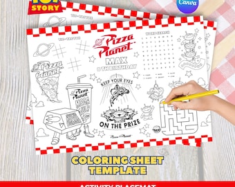 Tovaglietta e foglio da colorare con attività a tema Pizza Planet di Toy Story (download digitale)