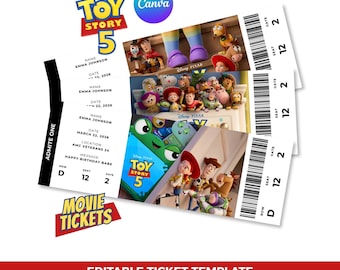 Convite para Festa Infantil com Tema Toy Story | Convite em Formato de Ingresso | Convite Editável para Festa Infantil no Canva (Download Digital)
