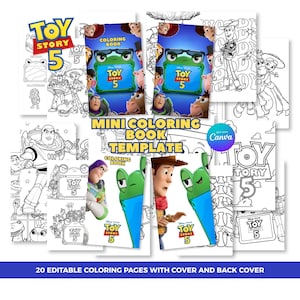 May include: A digital mini coloring book template featuring Toy Story 5 branding, including 20 editable pages with a cover and back cover. The collection displays various black and white line art illustrations of characters alongside colorful cover designs.