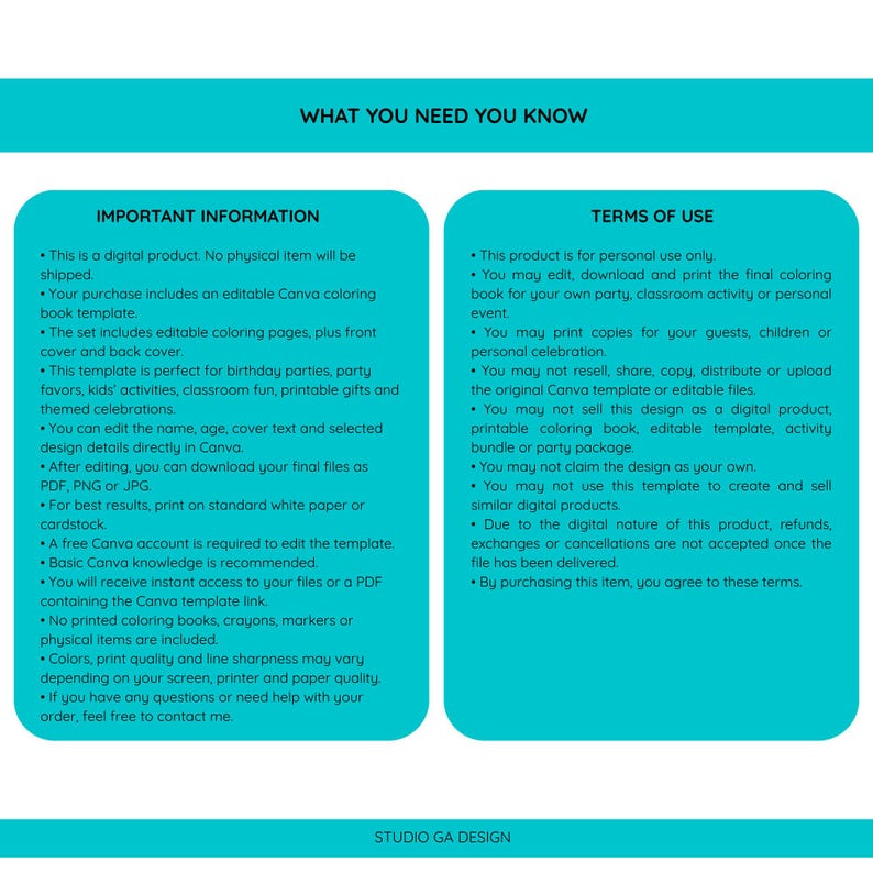Pu&ograve; includere: Un foglio informativo di un prodotto digitale con sfondo verde acqua e testo nero. Il documento &egrave; diviso in due sezioni intitolate WHAT YOU NEED TO KNOW, IMPORTANT INFORMATION e TERMS OF USE, che descrivono le politiche di utilizzo dei file.