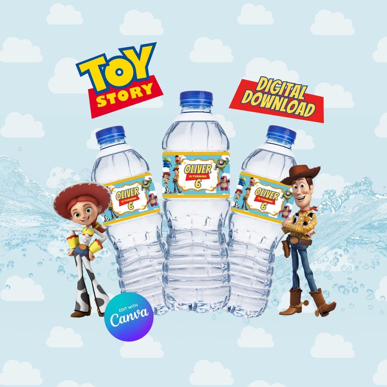May include: Three clear plastic water bottles with blue caps, featuring custom labels that read Oliver is turning 6, decorated with Toy Story characters. The image includes the Toy Story logo, a Digital Download label, and a Canva edit button.
