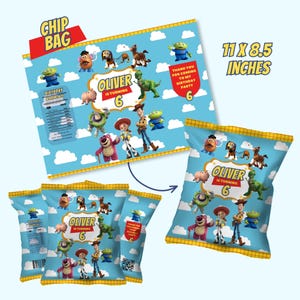 May include: A custom chip bag template measuring 11 by 8.5 inches, featuring a light blue sky with white clouds and Toy Story characters. The text reads Oliver is turning 6, with a nutrition facts label and a thank you message for the party.
