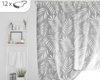 Duschvorhang | Grau-Weiss Palmen-Blätter Muster | B x H: 180x200 cm | inkl. Edelstahl-Haken | Wasserdicht | Textil Polyester | Anti-schimmel