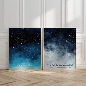 Könnte beinhalten: Zwei rechteckige Wandbilder mit einem dunkelblauen Aquarell-Nachthimmel voller weißer Sterne. Der linke Druck zeigt den Text Elena & Thomas und Our first date. Der rechte Druck zeigt Elena & Thomas und The Night we married.