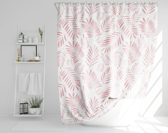 Palmen-Blätter Muster Duschvorhang B x H: 180x200 cm inkl. Edelstahl-Haken | Rosa-Weiss | Wasserdicht | Polyester | Waschbar | Anti-schimmel