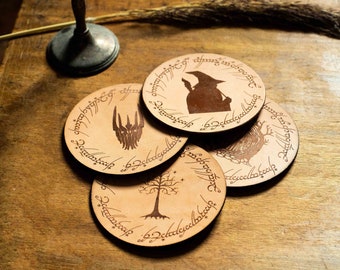 Sous-verres en cuir "Le Seigneur des Anneaux" - cuir de vache tannage végétal haute qualité - 4 pièces