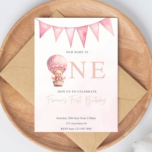 Teddy Bear First Birthday Invite Template, Beary 1st Birthday Girl Evite, Editable Birthday Digital E- invite, Electronic invitation