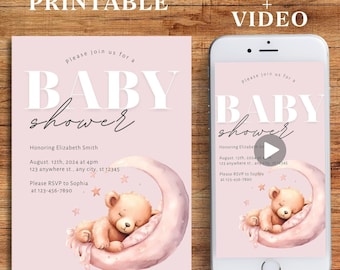 Girl Baby Shower Evite Template, Teddy Bear Baby Shower Video Invitation, Editable Baby Shower Animated Invite, Baby Shower E-invite