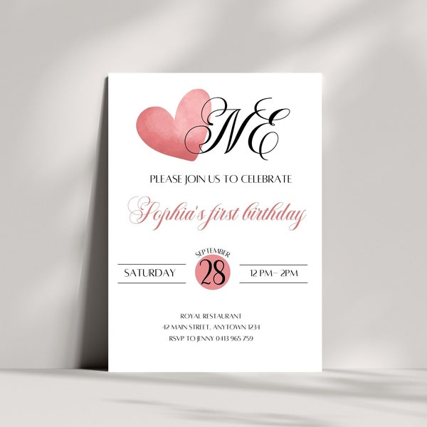 First Birthday Invitation,1st Birthday Girl, One year old invitation, Minimalistic Invite, Editable Invitation, Template, DIgital, Pink