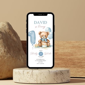 Evite per il primo compleanno del ragazzo, Invito elettronico per il 1° compleanno dell'orso, Invito digitale per il 1° compleanno del ragazzo, Orsetto di un anno, Modello modificabile