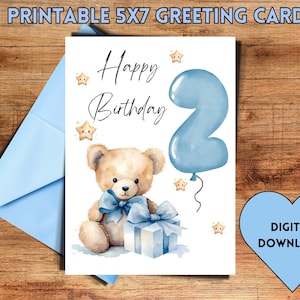 2 Jahre alte Geburtstagskarte, Zweiter Geburtstag, Teddybär Geburtstagskarte, Printable, alles Gute zum 2.Geburtstag, Junge, Blau, Grußkarte
