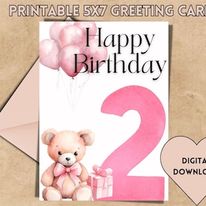 Karte zum 2.Geburtstag, Mädchen Geburtstagskarte, Teddybär Karte, Happy Birthday 2, Zwei jährige, rosa, Printable