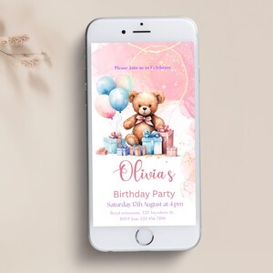 First Birthday Girl Evite,Beary 1st Birthday Electronic Invite,One year old Teddy Bear,Digital Invite Girl Birthday, Editable Evite Template