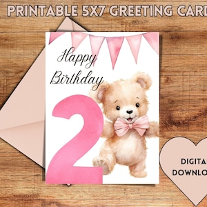 2. Geburtstagskarte, Mädchen-Geburtstagskarte, Teddybär-Karte, Zweiter Geburtstag, Zweijährige, Rosa, druckbar