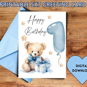 Carte d'anniversaire de 1 an, premier anniversaire, carte d'anniversaire ours en peluche, joyeux 1er anniversaire imprimable, garçon, bleu, carte de voeux