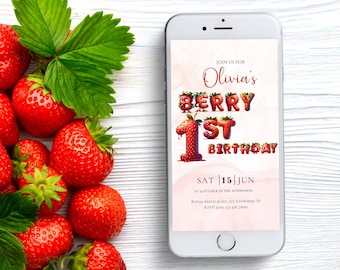 Zaproszenie na pierwsze urodziny Berry, cyfrowe zaproszenie na pierwsze urodziny Strawberry, zaproszenie na urodziny Strawberry, elektroniczne zaproszenie na pierwsze urodziny Berry