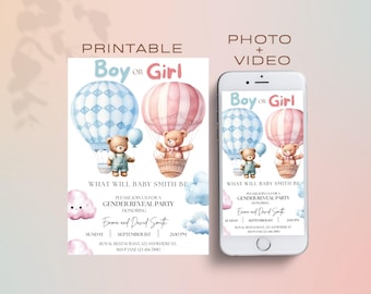 Boy or Girl Gender Reveal Invitation, He or She Video Invitation, Teddy Bear Gender Animated Invitation, Balloon Gender Reveal Mobile Evite