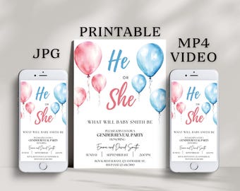He or She Gender Reveal Invitation, Boy or Girl Video Invitation, Animated Invitation, Balloon Gender Reveal Mobile Evite