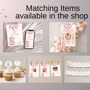 Op de afbeelding: Een set printbare feestversieringen in een roze en gouden kleurenschema met een teddybeer die een kroon draagt. De set bevat een verjaardagsuitnodiging, een telefoonachtergrond, een banner, cupcaketoppers en een bord met een fotolijst. De tekst op de uitnodiging luidt "One Sophia's First Birthday".