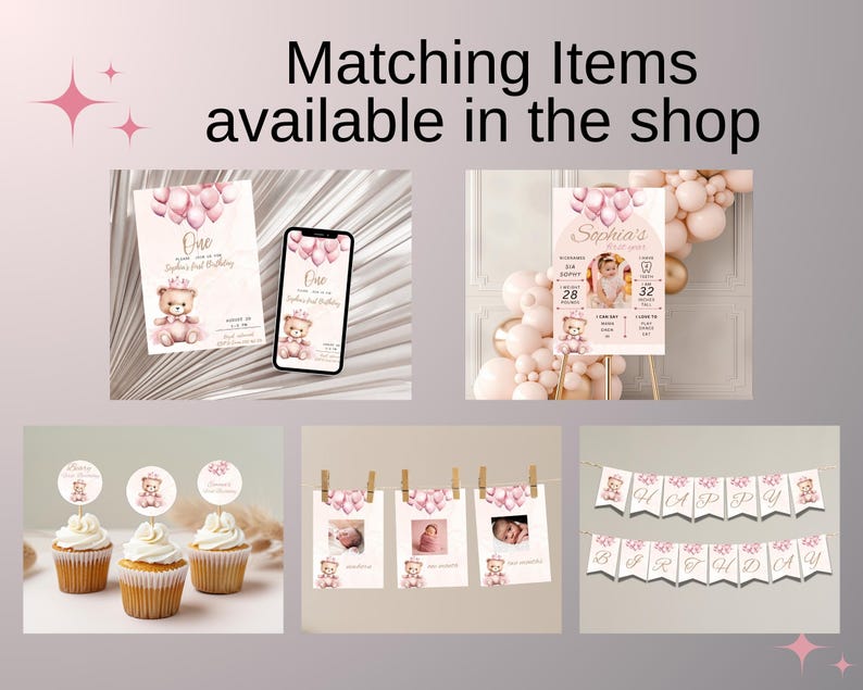 Op de afbeelding: Een set printbare feestversieringen in een roze en gouden kleurenschema met een teddybeer die een kroon draagt. De set bevat een verjaardagsuitnodiging, een telefoonachtergrond, een banner, cupcaketoppers en een bord met een fotolijst. De tekst op de uitnodiging luidt "One Sophia's First Birthday".