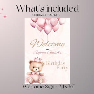 Op de afbeelding: Een roze en gouden welkomstbord met een teddybeer die een kroon draagt en een roze ballon vasthoudt. Het bord zegt "Welkom bij Sophia Smith's Birthday Party" en "Welcome Sign - 24x36".