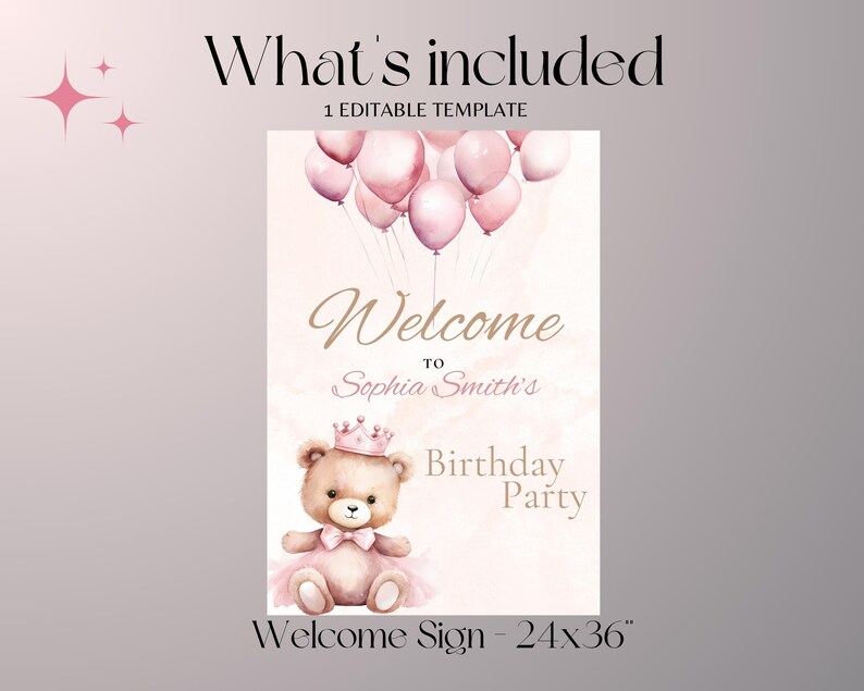 Op de afbeelding: Een roze en gouden welkomstbord met een teddybeer die een kroon draagt en een roze ballon vasthoudt. Het bord zegt "Welkom bij Sophia Smith's Birthday Party" en "Welcome Sign - 24x36".