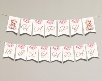 Eerste verjaardag teddybeer gelukkige verjaardag banner, afdrukbare Beary eerste verjaardagsversieringen, decor teddybeer 1e verjaardag