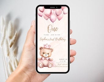 Eerste verjaardag Evite Girl, Beary 1e verjaardag elektronische uitnodiging, eenjarige teddybeer, digitale uitnodiging meisje verjaardag, bewerkbare Evite-sjabloon