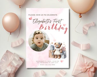 Girl First Birthday Invitation Template, Editable First Birthday Evite, First Birthday Girl Digital invite, Electronic Birthday Invitation