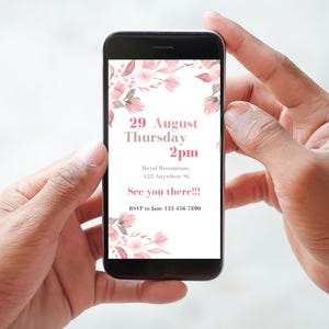 May include: A digital invitation on a smartphone screen with a floral design. The invitation is for a Thursday event on August 29th at 2pm at the Royal Restaurant, 123 Anywhere St. The RSVP information is to call Jane at 123 456 7890.