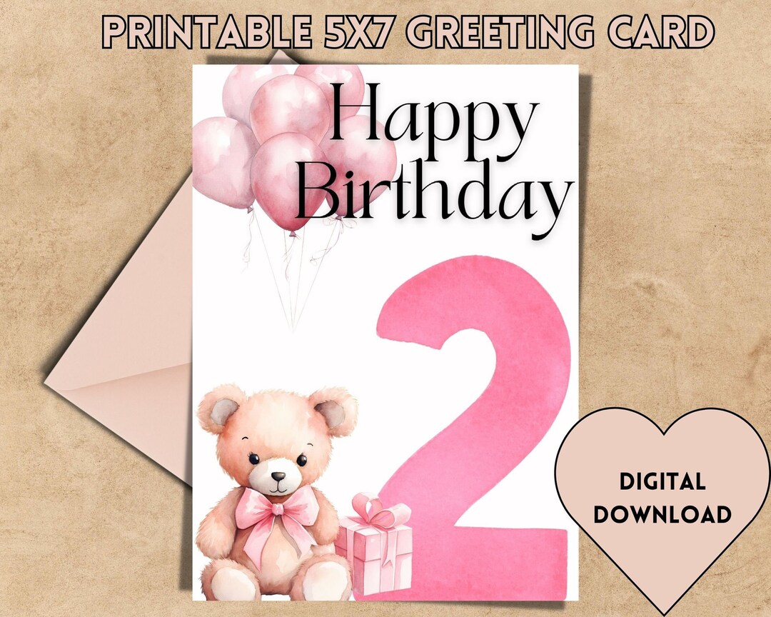 2nd Birthday Card, Girl Birthday Card, Teddy Bear Card, Second Happy Birthday, Two Year Old