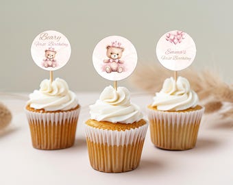 Teddybeer cupcake toppers, 1e verjaardag Beary, Beary eerste cupcake toppers, beer verjaardag cupcake, 1e verjaardag meisje, roze beer verjaardag