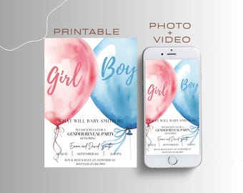 Boy or Girl Gender Reveal Invitation, He or She Video Invitation, Animated Invitation, Balloon Gender Reveal Mobile Evite