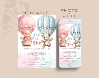Boy or Girl Gender Reveal Invitation, He or She Video Invitation, Teddy Bear Gender Animated Invitation, Balloon Gender Reveal Mobile Evite