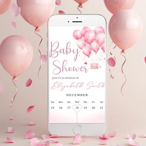 Girl Baby Shower Video Invite, Balloons Baby Shower Evite, Baby Shower Invitation Template, Editable Baby Shower Digital Invite