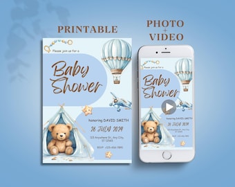 Boy Baby Shower Invitation template, Teddy Bear Baby Shower Video Invitation, Animated invite, Editable Baby in bloom invite, Shower Evite
