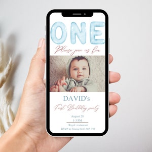 First Birthday Boy Invitation with Photo, 1st Birthday Boy Digital Invite, Electronic Invitation 1st Birthday, One year old, Editable Evite